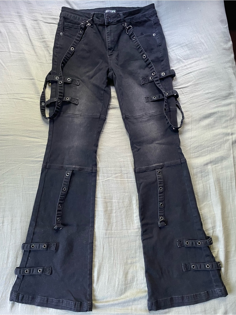 Hot Topic Black Strap Flared Jeans size 11